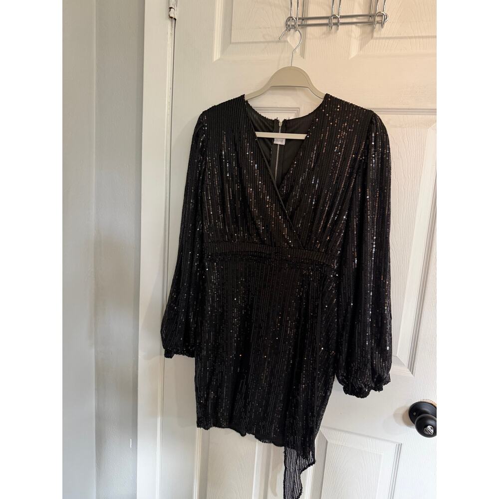 Hazel & Olive Black Sequin Mini Dress Wrap V-Neck Long Sleeve Sparkly Size L